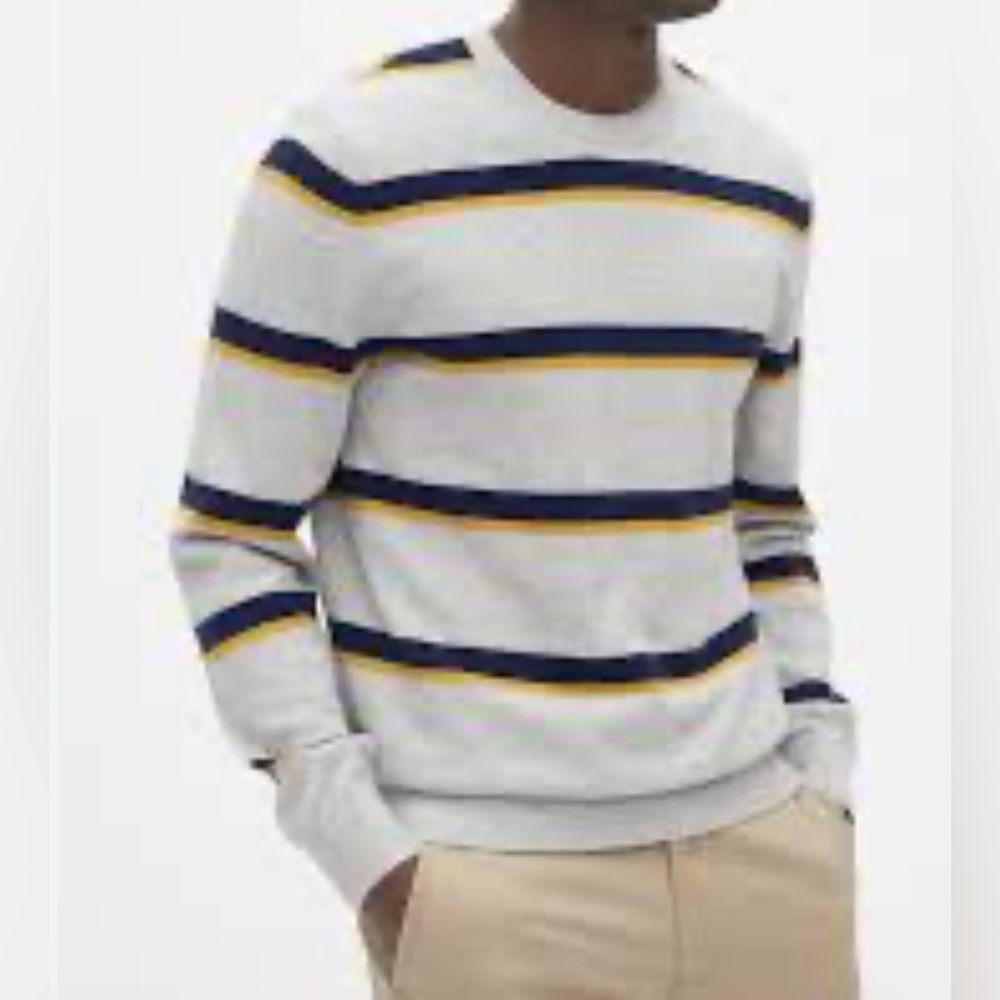 GAP Men's Crewneck Sweater - White, Navy, Yellow Stripes
